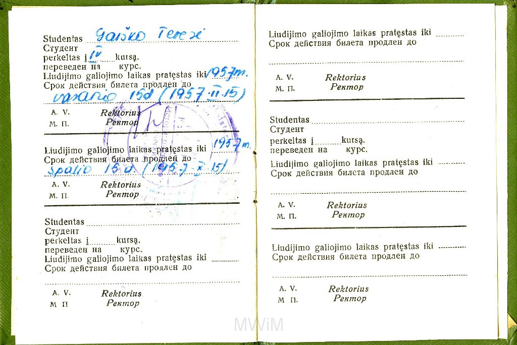 KKE 5698-5.jpg - (litewski) Dok. Legitymacja Studencka Teresy Graszko z Uniwersytetu Wileńskiego, Wilno, 1 IX 1953 r.